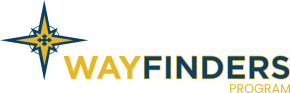 Wayfinders Program Logo, yellow and blue fonts