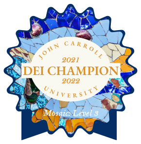 Award badge with mosaic pattern reads 2021-22 John Carroll University DEI Champion - Level 3, Mosaic