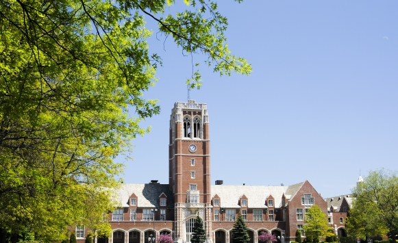 View of John Carroll Administration building and bell tower.