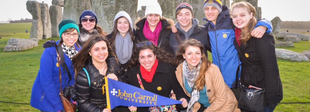 Students studying at Regent's University in London, England, on their excursion to Stonehenge.